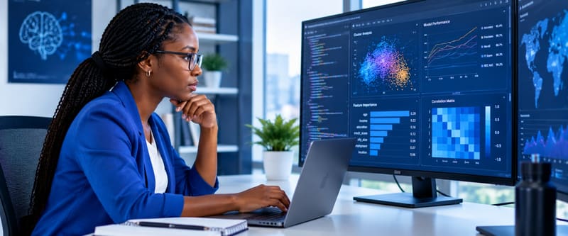 Une développeuse IA travaille avec des visualisations de modèles