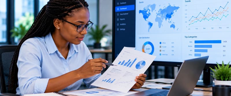 Un analyste de données examine des graphiques et des rapports
