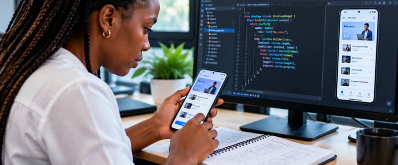 Un développeur teste une app d’apprentissage sur un téléphone